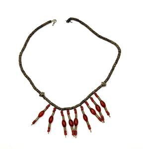 Vintage Afrobohemian Brass Orange Glass Fringed Tribal Drop Necklace